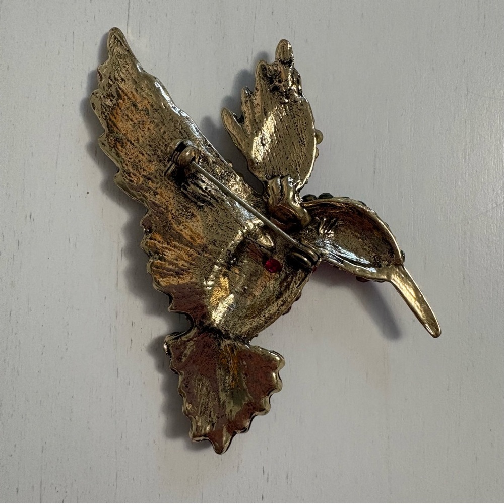 Vintage Pink Rhinestone Hummingbird Brooch Pin Cocktail Brass Tone - Picture 3 of 6